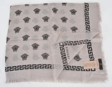 NEW Versace $350 Beige Black Modal Silk MEDUSA HEAD Greek Key Scarf