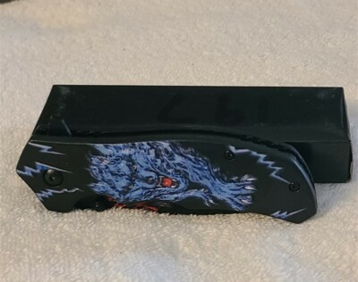 WOLF SNARLING GROWLING LIGHTNING SPRING ASSISTED KNIFE BLADE WITH BELT CLIP BLUE