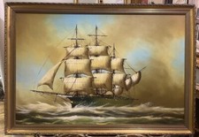 ORIGINAL OIL PAINTING BATTLE SHIP Signed 20th CENTURY IN Gold FRAME