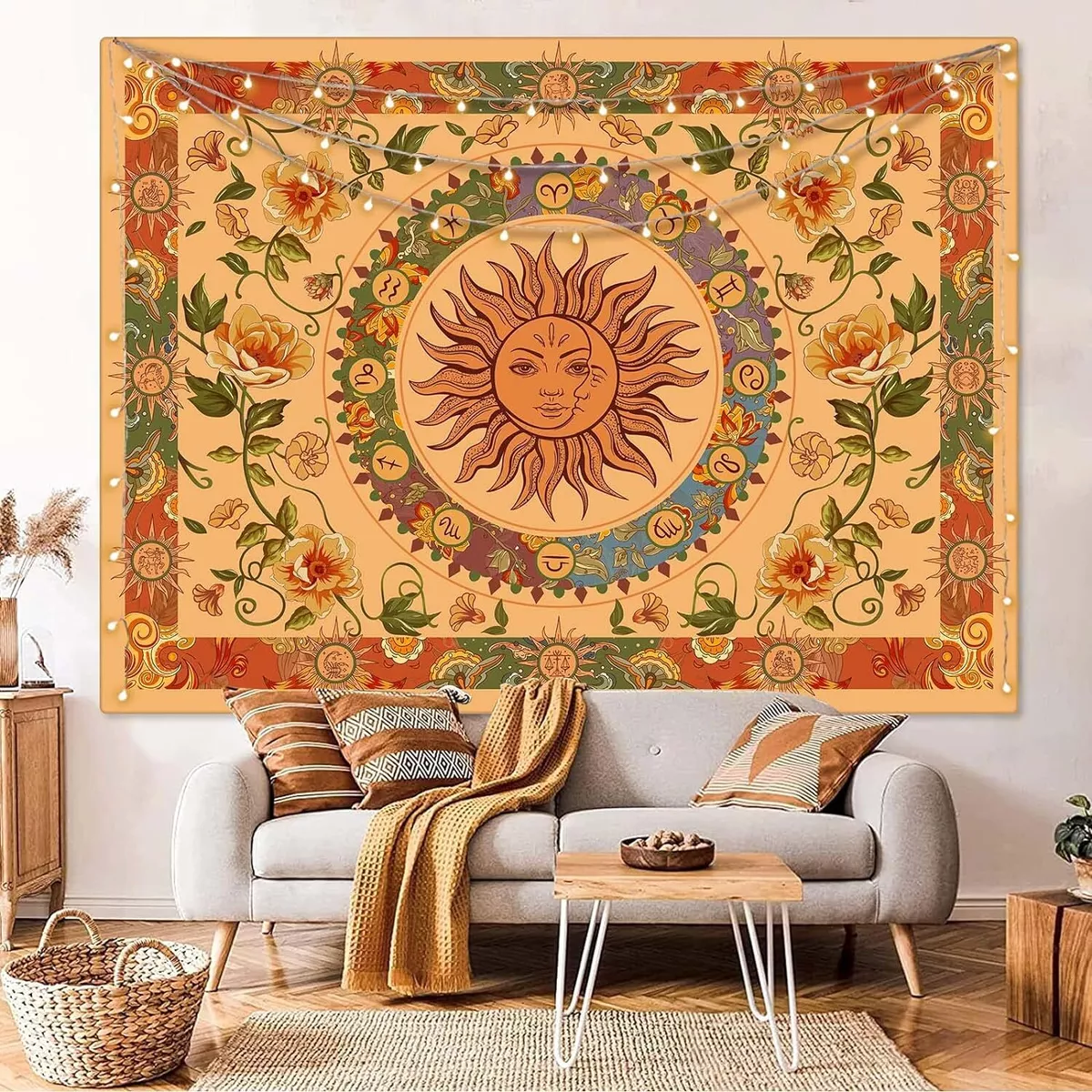 Aipon Yellow Sun and Moon Tapestry Hippie Indie Tapestries Boho Orange Flower