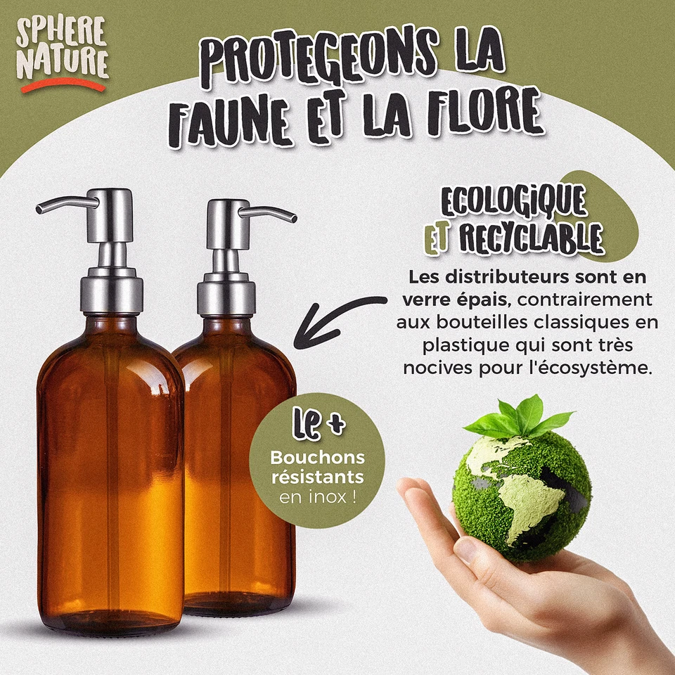 Flacon Pompe Vide Verre 500ml Ambre Vintage | Lot de 2 + Entonnoir | INOX Brossé - Photo 3/4