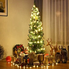 4/5/6/7FT Pencil Slim Christmas Tree with Lights Up Artificial Xmas Outdoor Tree
