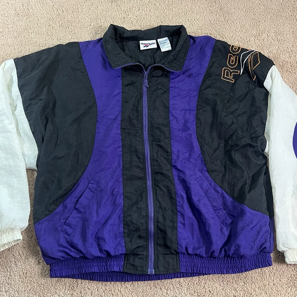 Chaqueta cortavientos vintage Reebok para hombre XL púrpura pista años 90 logotipo lateral deletreado Foto 2 de 4