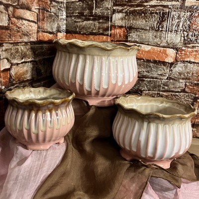 Planters Flower Plant Pot Ceramic 3 Piece Glazed Bold Pink Dark Tan White Ribbed