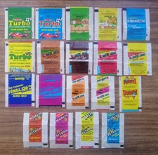 A set of 19 gum wrappers from the 1990s. Turbo, Bombibom, Final, and others.
