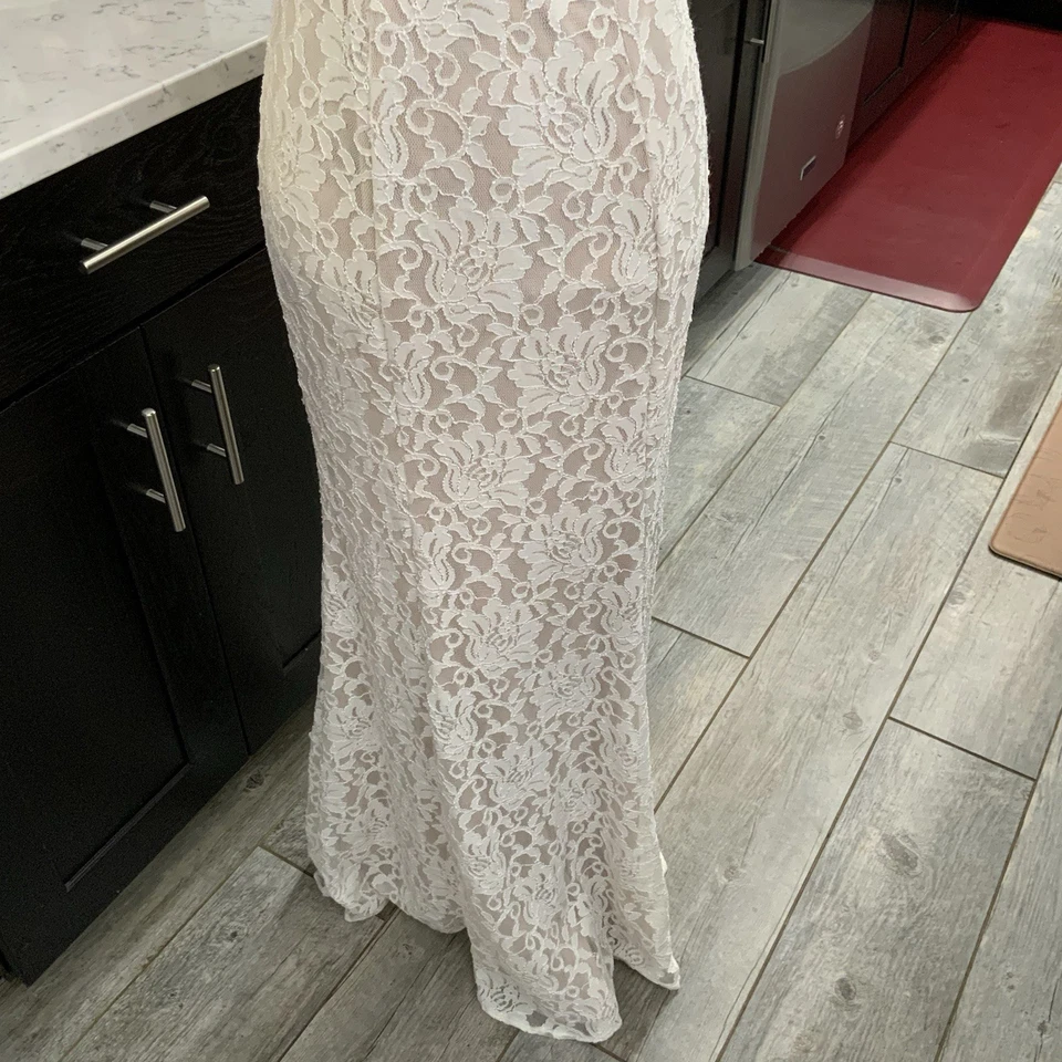 Свадебное платье-футляр David's размер 8 цвета слоновой кости обнаженное кружевное без рукавов глубокое V новое - Изображение 3 из 4