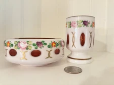 Vintage Czech Bohemian Red Cased to White Glass Ashtray & MatchHolder 1960's