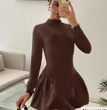 Brown Long Sleeve Mock Neck A-Line Mini Short Dress for Women Regular Size