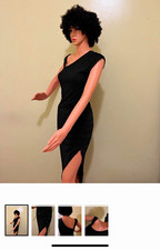 Women's S Black Solid Bodycon Midi Dress One Shoulder Sleeveless Ruched Stretch