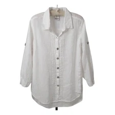 Match Point Women's White Pintuck Button-Up Roll Sleeve Tunic Top S