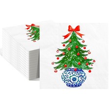 Epakh 50 Pcs Chinoiserie Christmas Tree Guest Napkins 6.5*6.5inch, Red, Blue