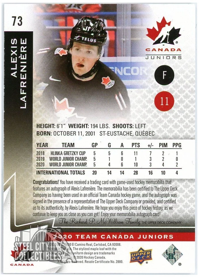 Alexis Lafreniere 2020 Team Canada Juniors Rookie Patch Autograph #73 19/25 - Image 2 of 2