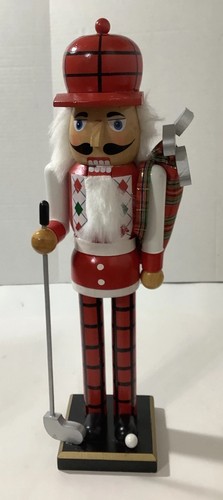 Golf Themed Nutcracker Plaid Outfit with Golf Clubs and Bag Christmas Decor