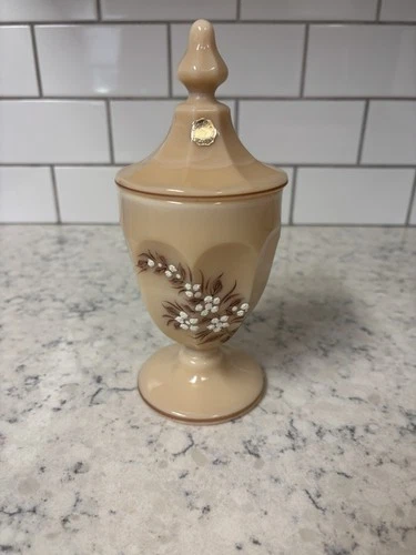 Vintage Westmoreland Almond milk glass candy dish with beaded bouquet.