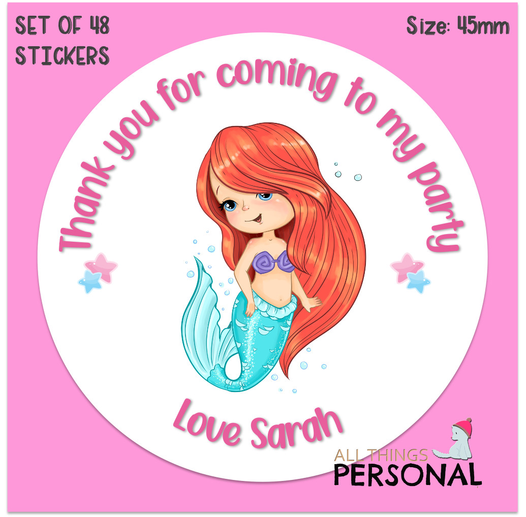 Personalised Little Mermaid Birthday Stickers Thank You Party Bag Sweet Cone