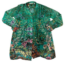 Soft Surroundings Womens Tunic Top Sz S Green Floral Button Up Long Sleeve