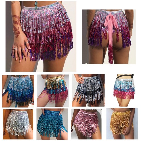 Sequin Skirt Belly Dance Costume Hip Scarf Wrap Festival Fringe Tassel Skirt - Picture 1 of 16