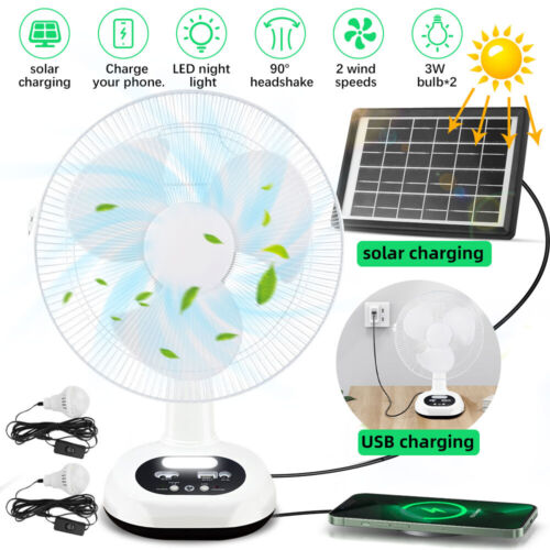 Upgraded Rechargeable Fan With solar panel, USB port, LED light and 2 Free bulbs - Picture 13 of 24