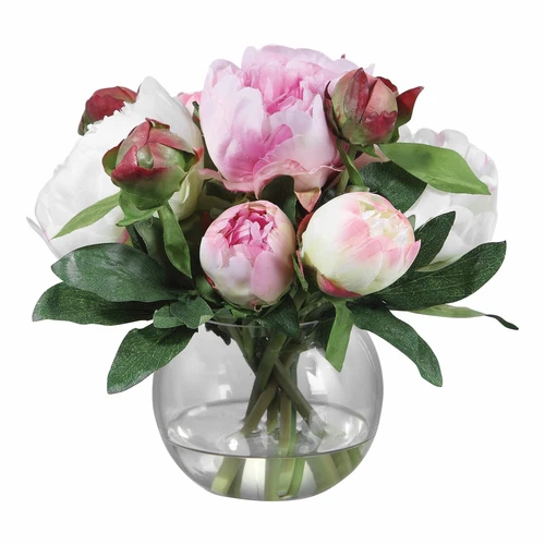 UTTERMOST 60145 BLAIRE PEONY BOUQUET PINK CREAM PEONIES GLASS VASE FAUX WATER - Picture 1 of 3