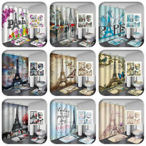 Paris Eiffel Tower Shower Curtain Bath Mat Toilet Cover Rug Bathroom Decor