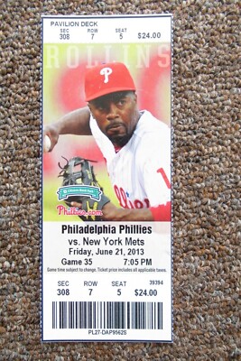 PHILADELPHIA PHILLIES VS NEW YORK METS 6/21/2013 FULL TICKET ~ JIMMY ROLLINS