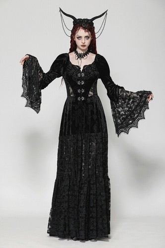 Dark In Love Women Black Vintage Coat Gothic Embossed Velvet Lace Long Outwear - Picture 6 of 20