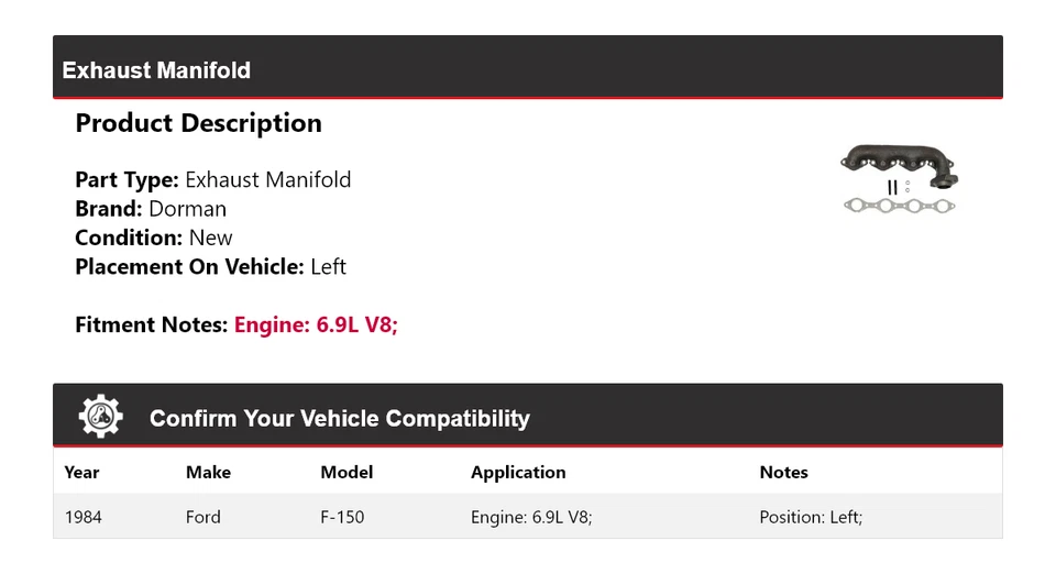 Colector de escape izquierdo Ford F-150 1984 6,9 L V8 Dorman Foto 2 de 4