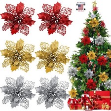 10PCS Christmas Poinsettia Glitter Flower Silver Gold Hanging Xmas Tree Decor US