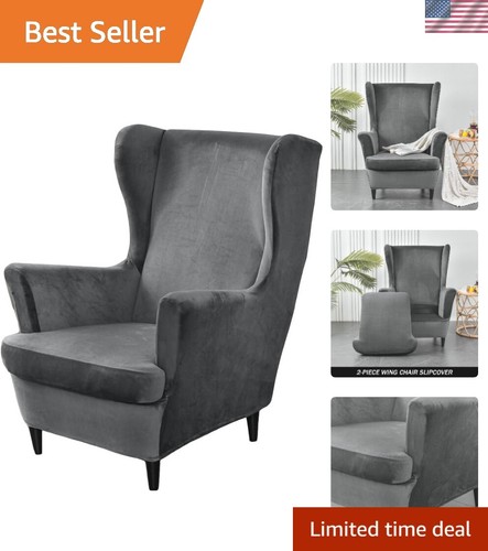 Machine Washable 2-Piece Velvet Wing Chair Slipcovers - Dark Grey Elegance