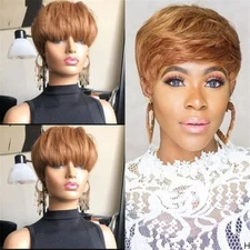 Short Pixie Cut Honey Blonde With Bangs Wig Human Hair Wig Fashion Natural Women