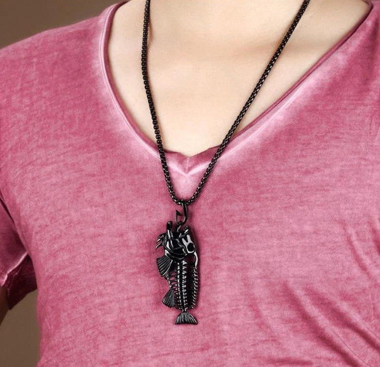 Collar Colgante Hueso de Pez Pez Entero Acero Inoxidable Dorado Negro Plata Foto 3 de 4