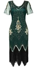 1920s Art Deco Fringed Sequin Dress 20s Flapper Gatsby Costume Green Gold size M