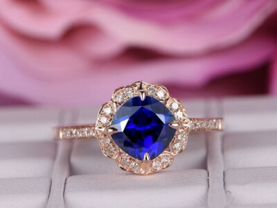 1.95 Ct Natural Cushion Cut Sapphire & Diamond Engagement Ring 14k Rose Gold