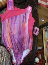GIRLS Size M 7-8 GYMNASTICS DANCE Cheer PINK Leotard w/ Matching Scrunchie NWOT