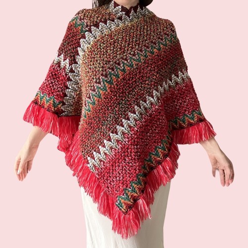 70er Jahre Vintage rot strukturiert Strick Cape Quaste Fransen Poncho One Size