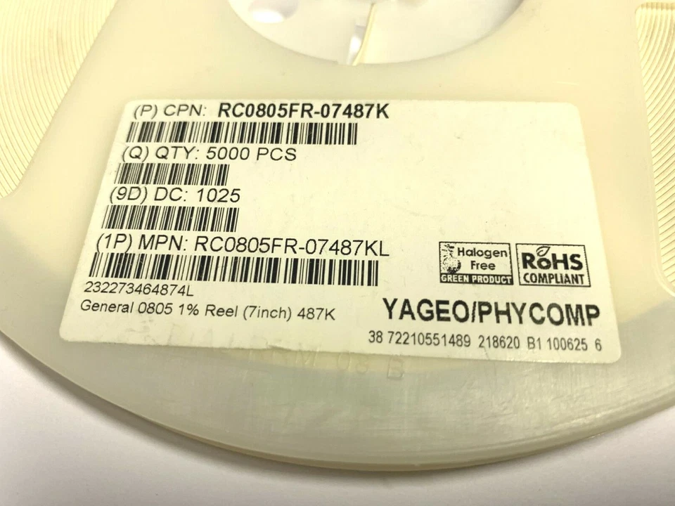 5000 x 487K, 1%, 0805, 125mW, 487kΩ, YAGEO, RC0805FR-07487KL, 1 rollo = 5000 unidades Foto 3 de 3