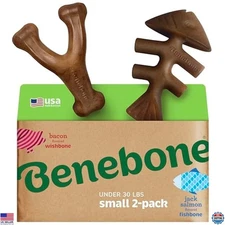 Durable Dog Chew Toys 2-Pack - Fishbone & Wishbone, Real Fish & Bacon, Small