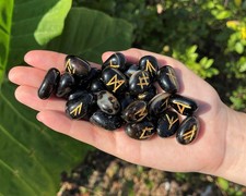 Black Onyx Rune Stone Set with Velvet Storage Pouch 25 Elder Futhark Runes