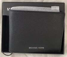 NWT Michael Kors Andy Men's Slim Billfold Black Leather Wallet $98
