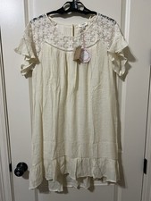 Umgee Boho Tunic Cream Dress Ruffled Sleeves Lace Yoke and Sleeve Ruffled Hem S