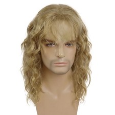Male Wigs Punk Rocker Costume Natural 20inch Long Curly Blonde Wig With Bangs...