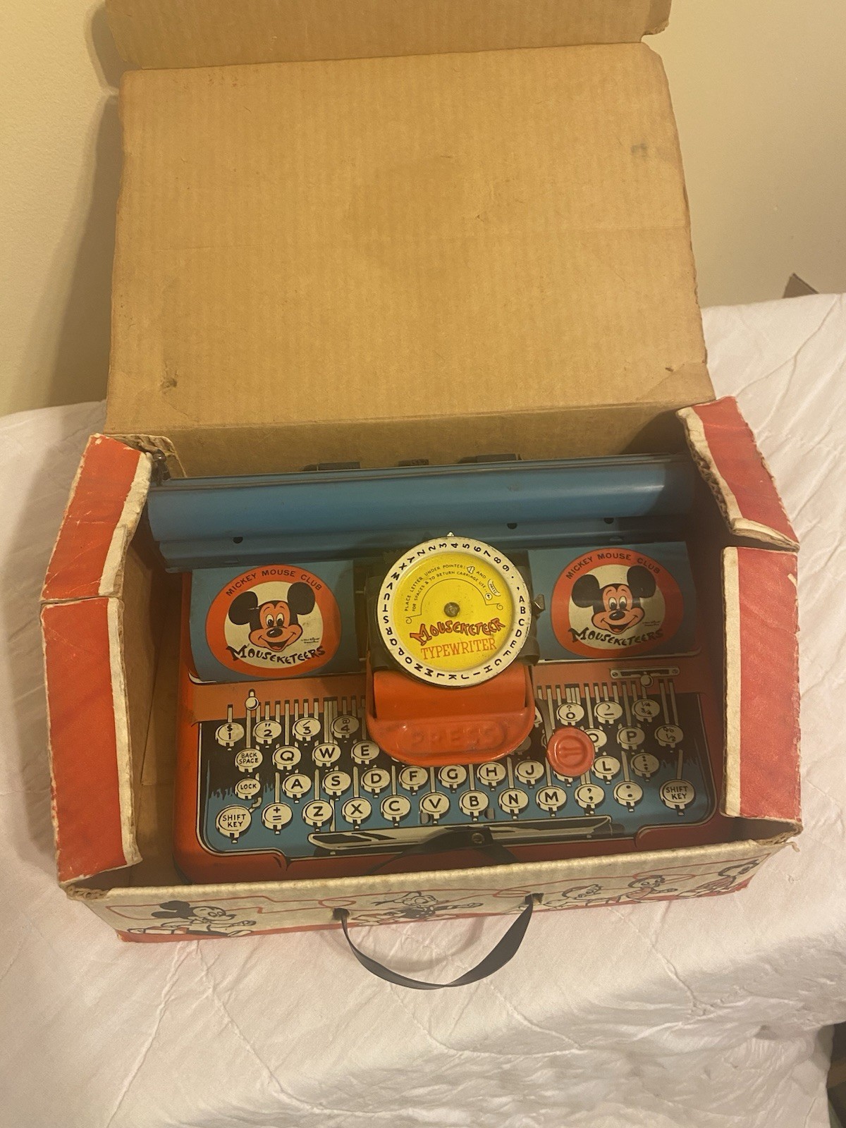 VINTAGE TIN MICKEY MOUSE FAN REPORTER FAN CLUB TYPEWRITER W BOX AND INSTRUCTIONS