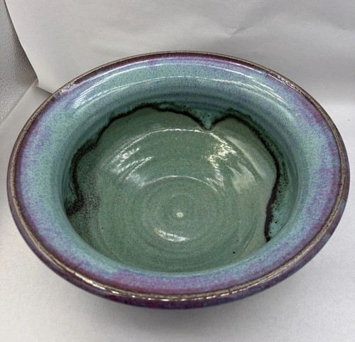 Vintage Purple Blue Green Drip Colorful Abstract Art Pottery Bowl 9.5" Signed