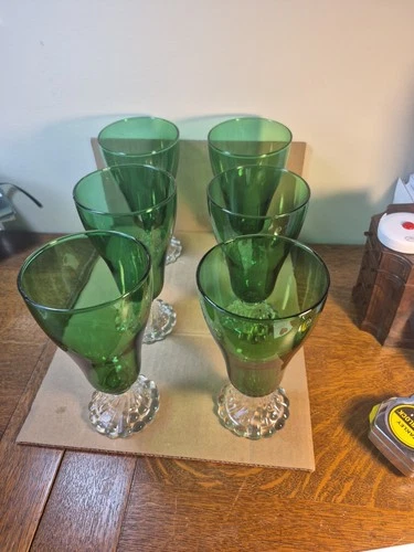 Set of 6 Vintage Anchor Hocking Forest Green Bubble Foot Water Goblets