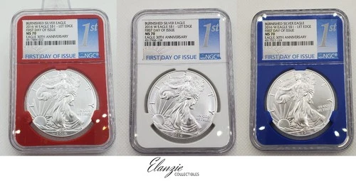 2016-W American Silver Eagle Burnished Red/White/Blue set FDOI NGC MS70