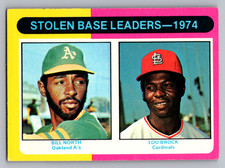 1975 TOPPS MINI #309 BILL NORTH A'S & LOU BROCK CARDINALS -STOLEN BASE LEADERS