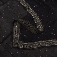 Sanskriti Vintage Long Dupatta/Stole Pure Georgette Black Hand Beaded Scarf Veil