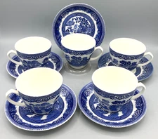 Myott of Staffordshire England Blue Old Willow Cup & Saucer Set of 5