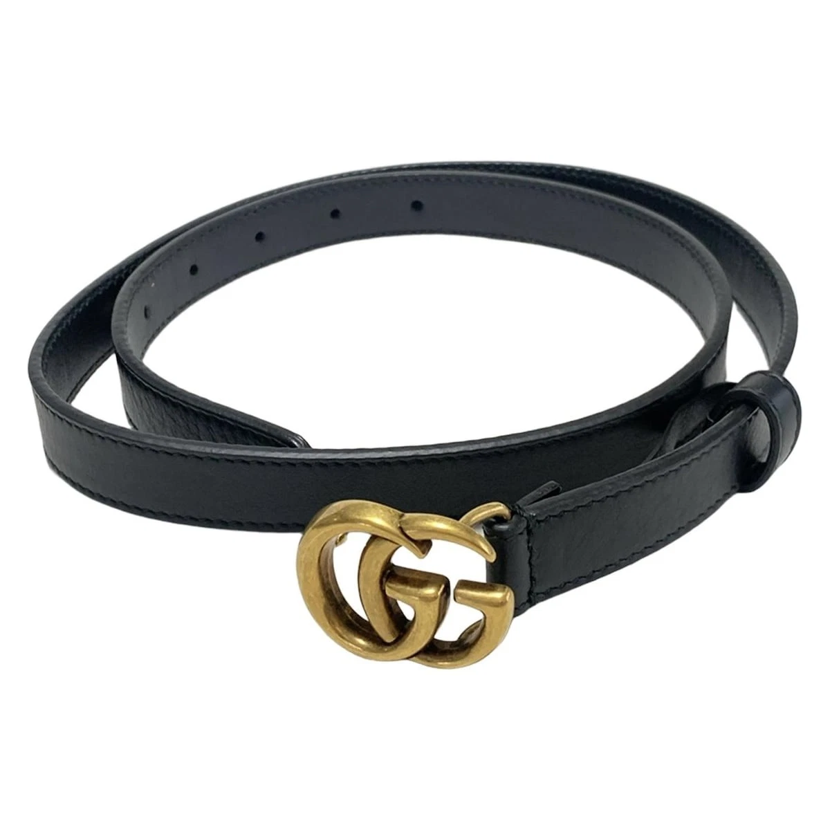 Auth GUCCI Double G Slim Belt 409417 Black Leather Hardware   Belt