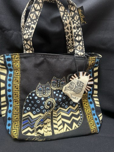 LAUREL BURCH TWO 2 CATS DOS GATOS BLACK CANVAS MINI TOTE BAG PURSE BLACK GOLD - Picture 2 of 8